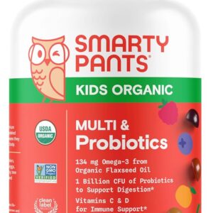 SmartyPants Organic Kids Multivitamin Gummies: Probiotics, Omega 3 (ALA), Vitamin D3, C, Vitamin B12, B6, A, K & Zinc for Immune Support, Biotin, 120 Count